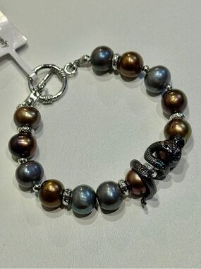 Women’s Metallic Pearl Bracelet with Snake Charm - Multi-Color
